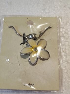 Plumeria Flower Pendant Necklace in White and Yellow -